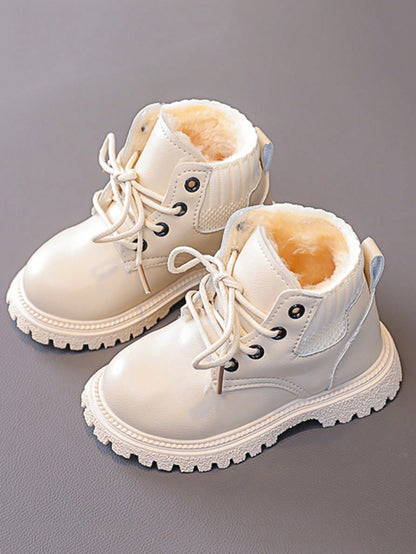 جزمة أطفال دراجة نارية عالية مدورة الأصبع, خريف وشتاء, لون صلب, مبطنة بالفرو السميكة للأولاد والبنات, جزمة قصيرة مسطحة وعصرية مصنوعة من الجلد الصناعي المريح والمتعدد الاستخدامات