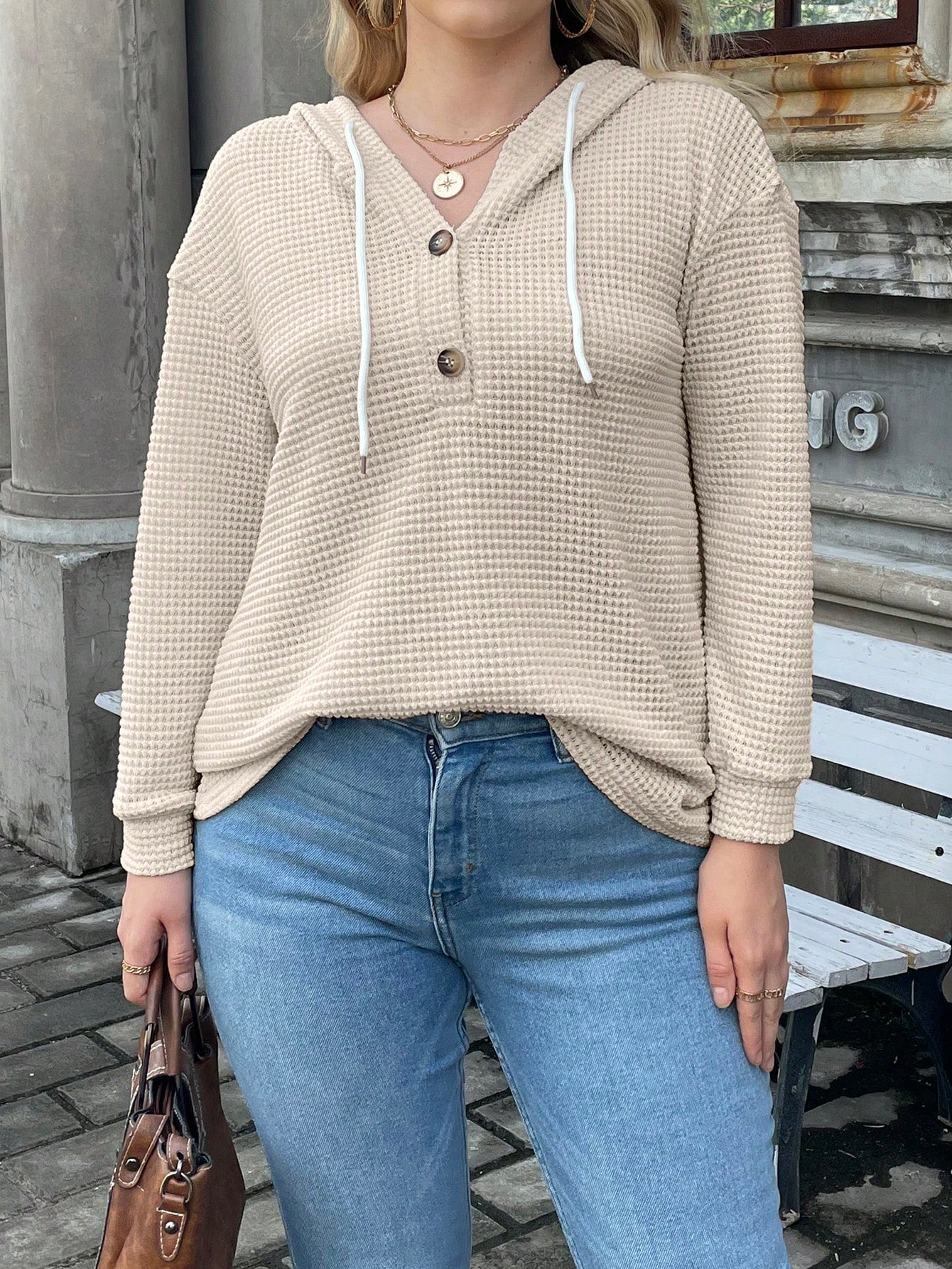 هودي ازرار نصف منخفض الاكتاف رباط مقاس كبير