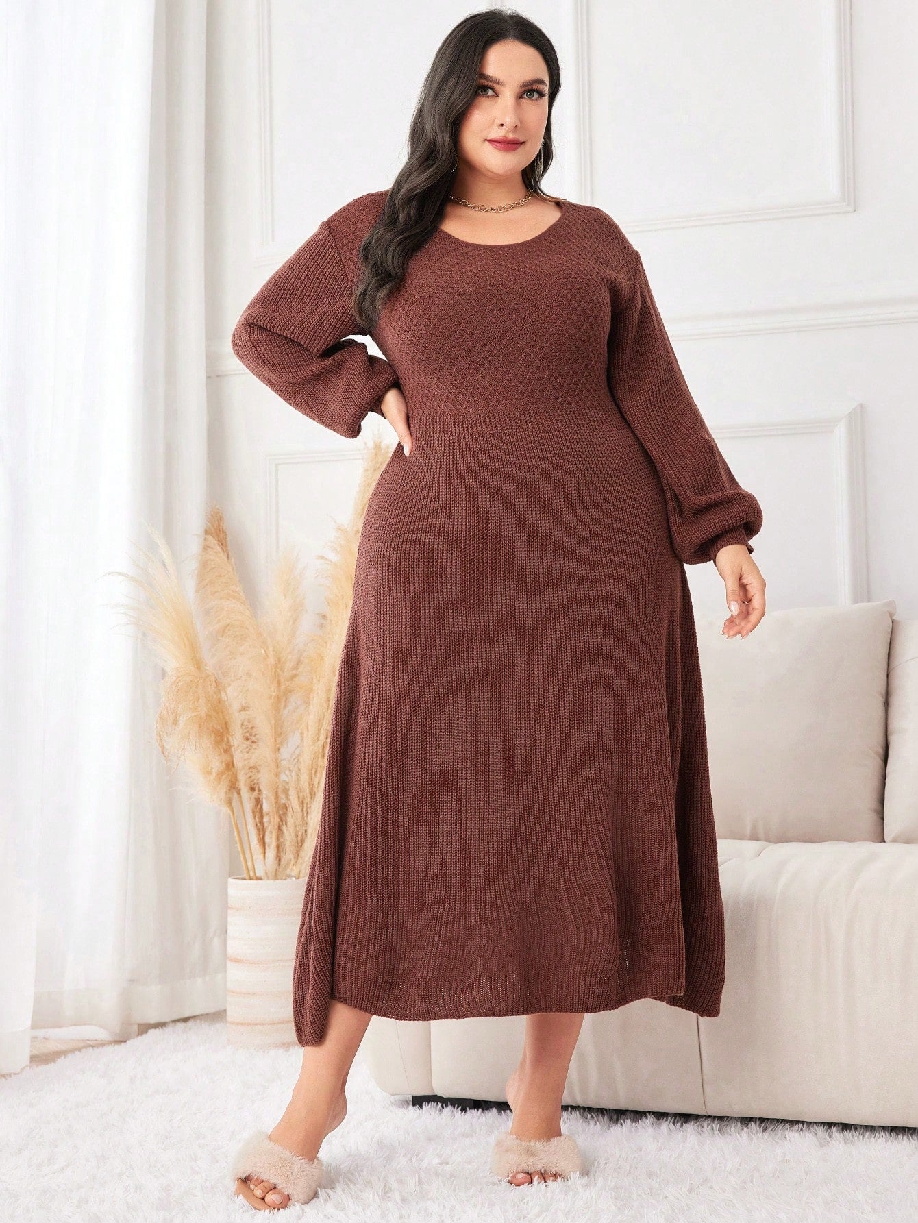 فستان صوف أكمام فانوس مقاس كبير