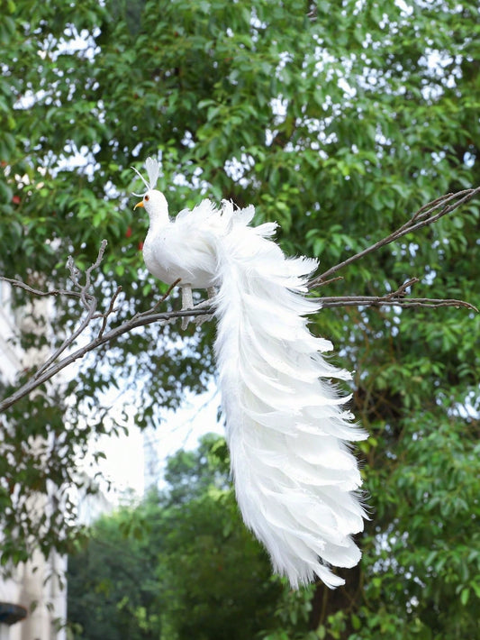 حرف تزيين حديقة باقة ذيل الطاووس الأبيض 37سم محاكية للطاووس بألوانه لتزيين حدائق وديكورات المناظر الطبيعية