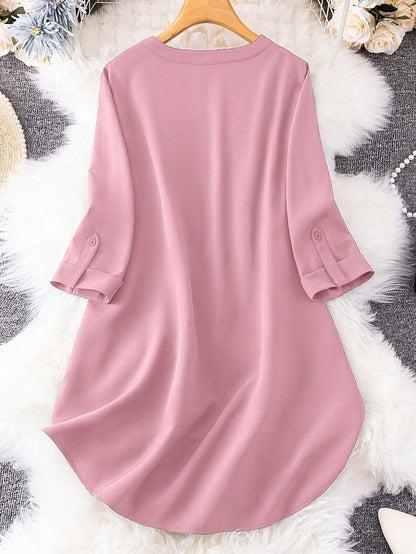 بلوزة اكمام بشريط ملتف ياقة مفتوح أزرار أمامية مقاس كبير