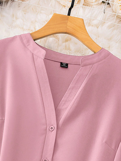 بلوزة اكمام بشريط ملتف ياقة مفتوح أزرار أمامية مقاس كبير