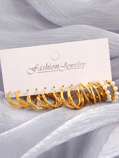 مجموعة 12 قطعة من الأقراط الهندسية البسيطة المصنوعة من اللؤلؤ الصناعي والمعدن للنساء، هدية للأعياد والمواعيد العاطفية والإرتداء اليومي