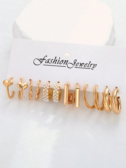 مجموعة 12 قطعة من الأقراط الهندسية البسيطة المصنوعة من اللؤلؤ الصناعي والمعدن للنساء، هدية للأعياد والمواعيد العاطفية والإرتداء اليومي