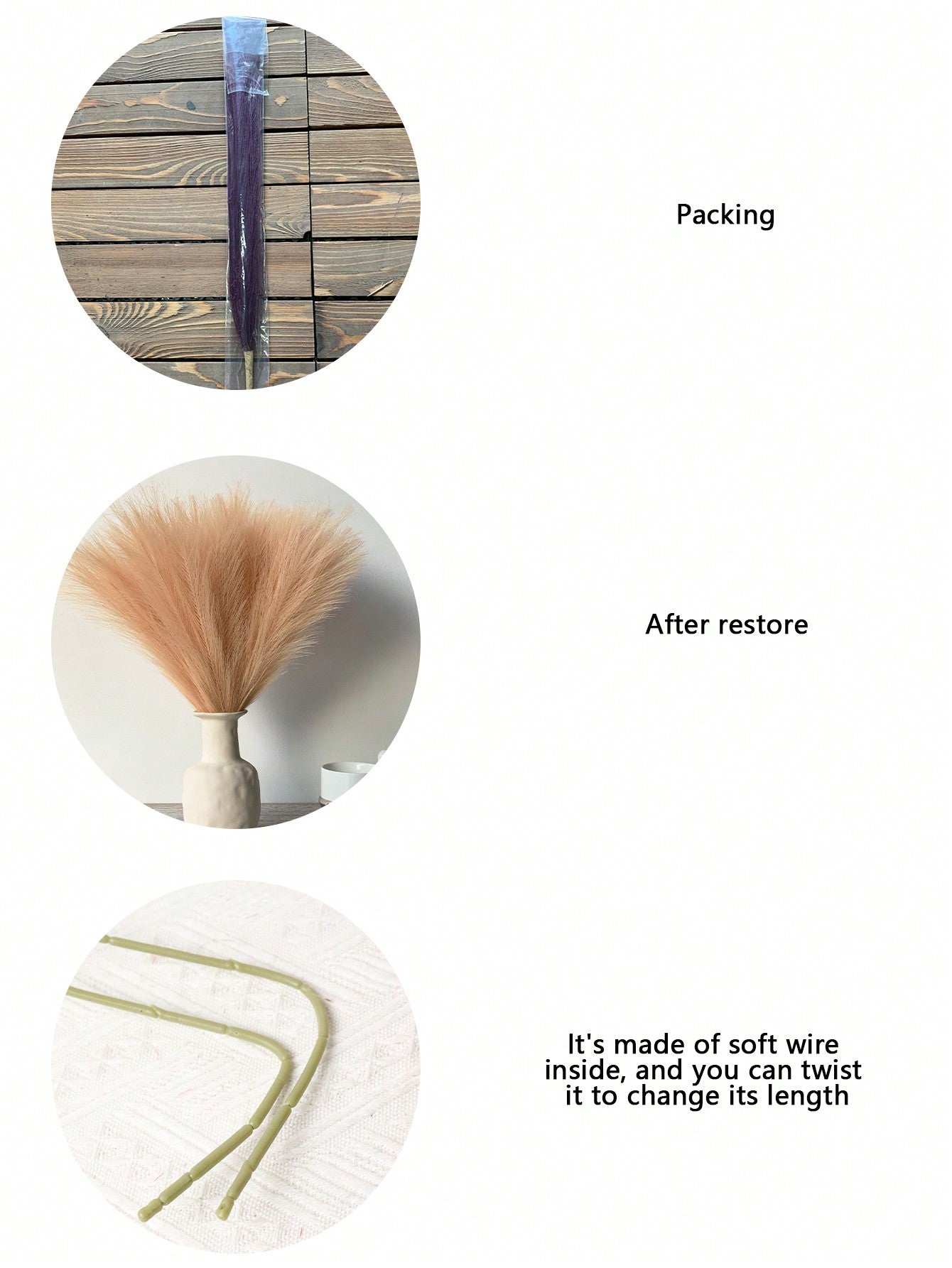 نبات صناعي من الألياف قصير الساق مكون من 6افرع زهرية لنبات الريش في لون الكاكي