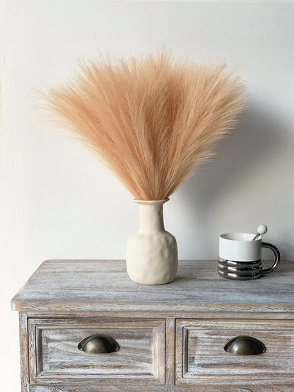 نبات صناعي من الألياف قصير الساق مكون من 6افرع زهرية لنبات الريش في لون الكاكي