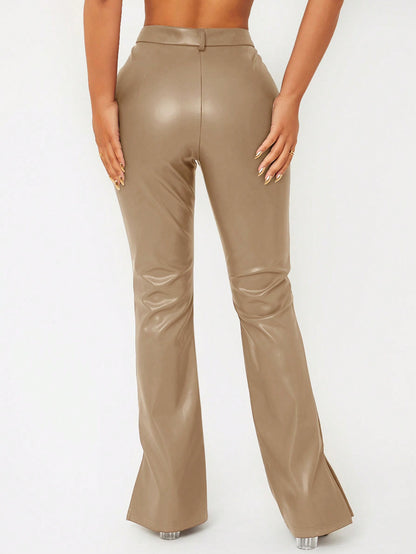 بنطلون بساق واسع خصر عالي بحافة شق جلد صناعي