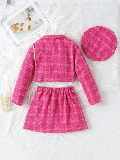 بنت طفل طباعة مربع النقش بتفاصيل رفرف تويد جاكيت & تنورة ذو تجاعيد & قبعة