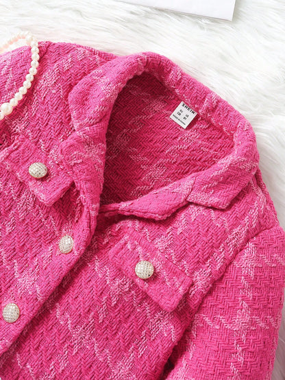 بنت طفل طباعة مربع النقش بتفاصيل رفرف تويد جاكيت & تنورة ذو تجاعيد & قبعة