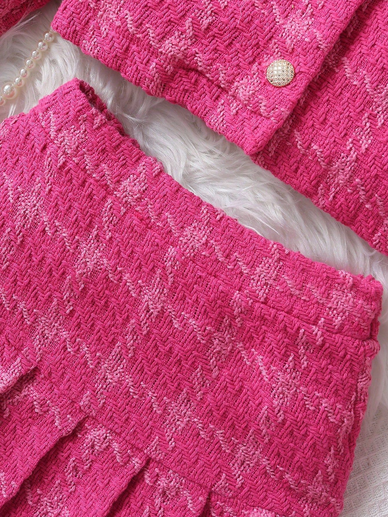 بنت طفل طباعة مربع النقش بتفاصيل رفرف تويد جاكيت & تنورة ذو تجاعيد & قبعة