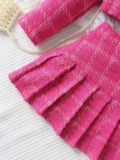 بنت طفل طباعة مربع النقش بتفاصيل رفرف تويد جاكيت & تنورة ذو تجاعيد & قبعة