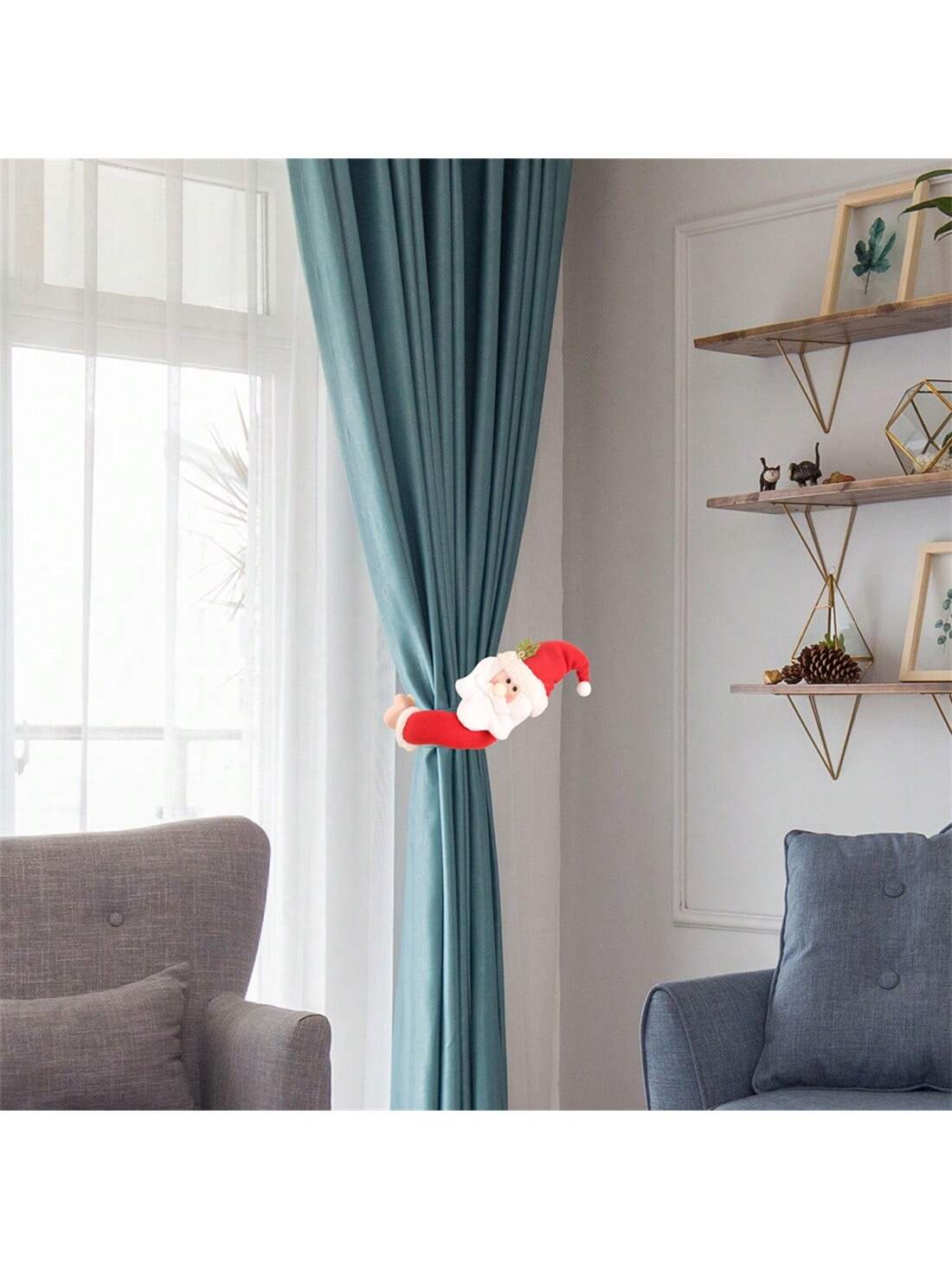 ستائر عيد الميلاد مع تصميم سانتا كلوز، دمى كرتونية لتزيين الستائر، مشابك تثبيت خطافات النوافذ لغرفة المعيشة وغرفة النوم وديكور المنزل