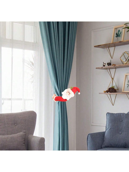 ستائر عيد الميلاد مع تصميم سانتا كلوز، دمى كرتونية لتزيين الستائر، مشابك تثبيت خطافات النوافذ لغرفة المعيشة وغرفة النوم وديكور المنزل