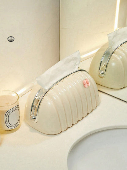 صندوق مناديل على شكل خبز بتصميم مبتكر ودافئ مع تصميم صدفة، تزينها زهرة الفراشة والربطة، مناسبة للاستخدام في الحمام وغرفة المعيشة وعلى المكتب.