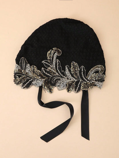 قطعة واحدة لف الرأس العاري النسائي المزخرف بالخرز والأوراق