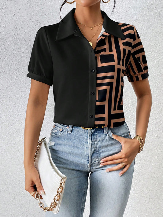 قميص طباعة هندسية أزرار أمامية