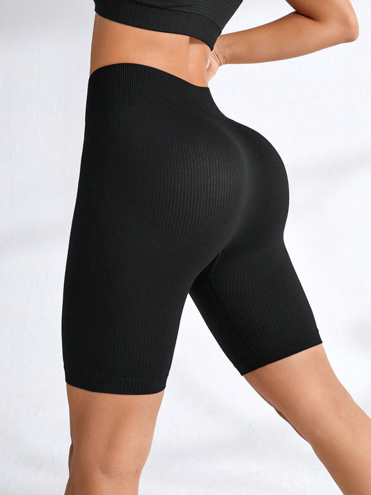 سروال بكرة رياضي بدون درزات وذو حزام خصر عالي، سروال أسود مطاطي ومرن