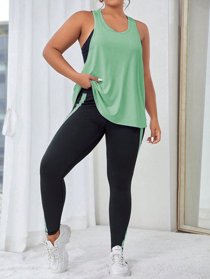 طقم لباس رياضي بشريط جانبي متباين مع جيب الهاتف الخليوي مقاس كبير