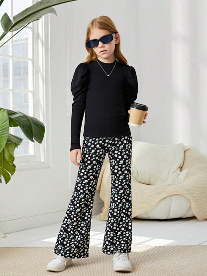 بنت طفل اكمام شكل ساق الضأن وقوف الياقة تي شيرت & بطباعة أزهار اقحوان بنطلون بساق واسع