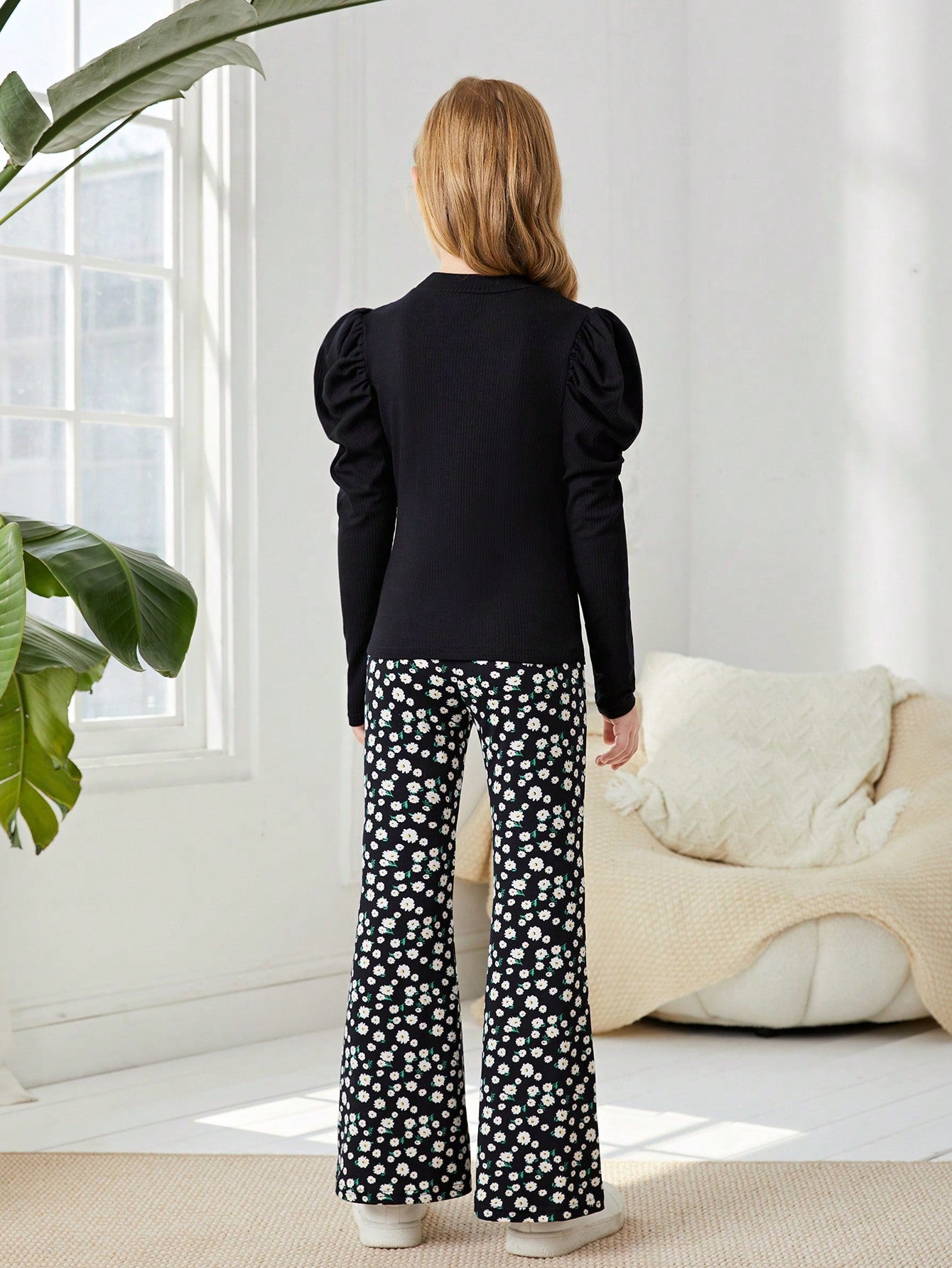 بنت طفل اكمام شكل ساق الضأن وقوف الياقة تي شيرت & بطباعة أزهار اقحوان بنطلون بساق واسع