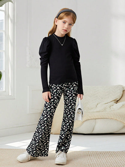 بنت طفل اكمام شكل ساق الضأن وقوف الياقة تي شيرت & بطباعة أزهار اقحوان بنطلون بساق واسع