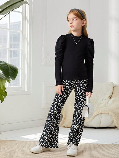 بنت طفل اكمام شكل ساق الضأن وقوف الياقة تي شيرت & بطباعة أزهار اقحوان بنطلون بساق واسع