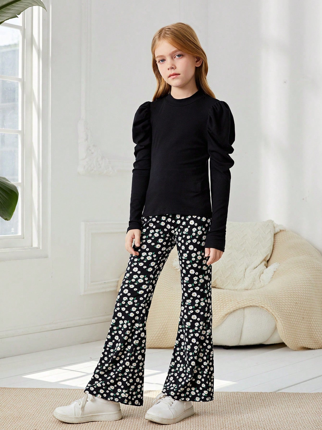 بنت طفل اكمام شكل ساق الضأن وقوف الياقة تي شيرت & بطباعة أزهار اقحوان بنطلون بساق واسع