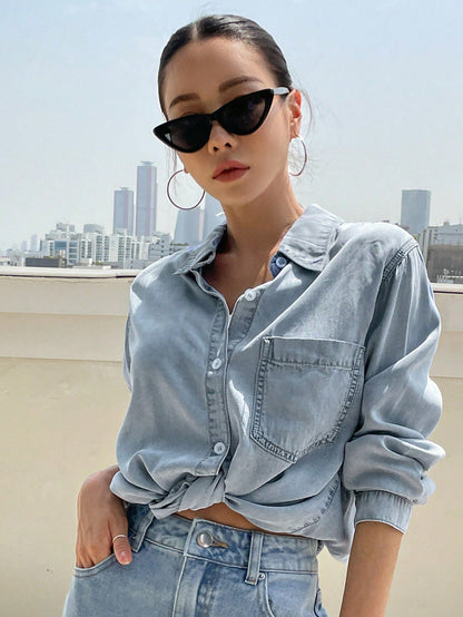 لباس علوي دنيم مرقع جيب أزرار أمامية