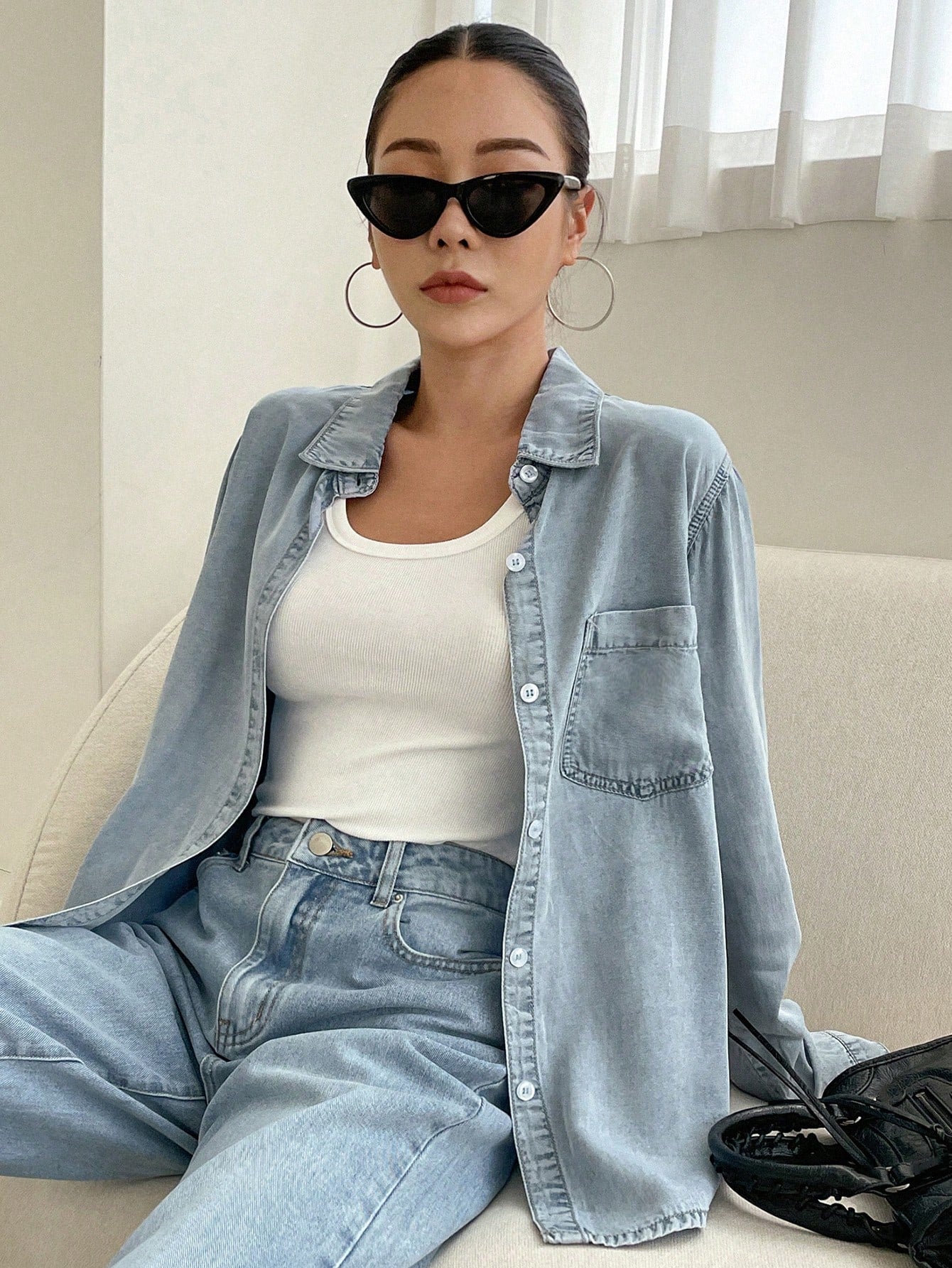 لباس علوي دنيم مرقع جيب أزرار أمامية