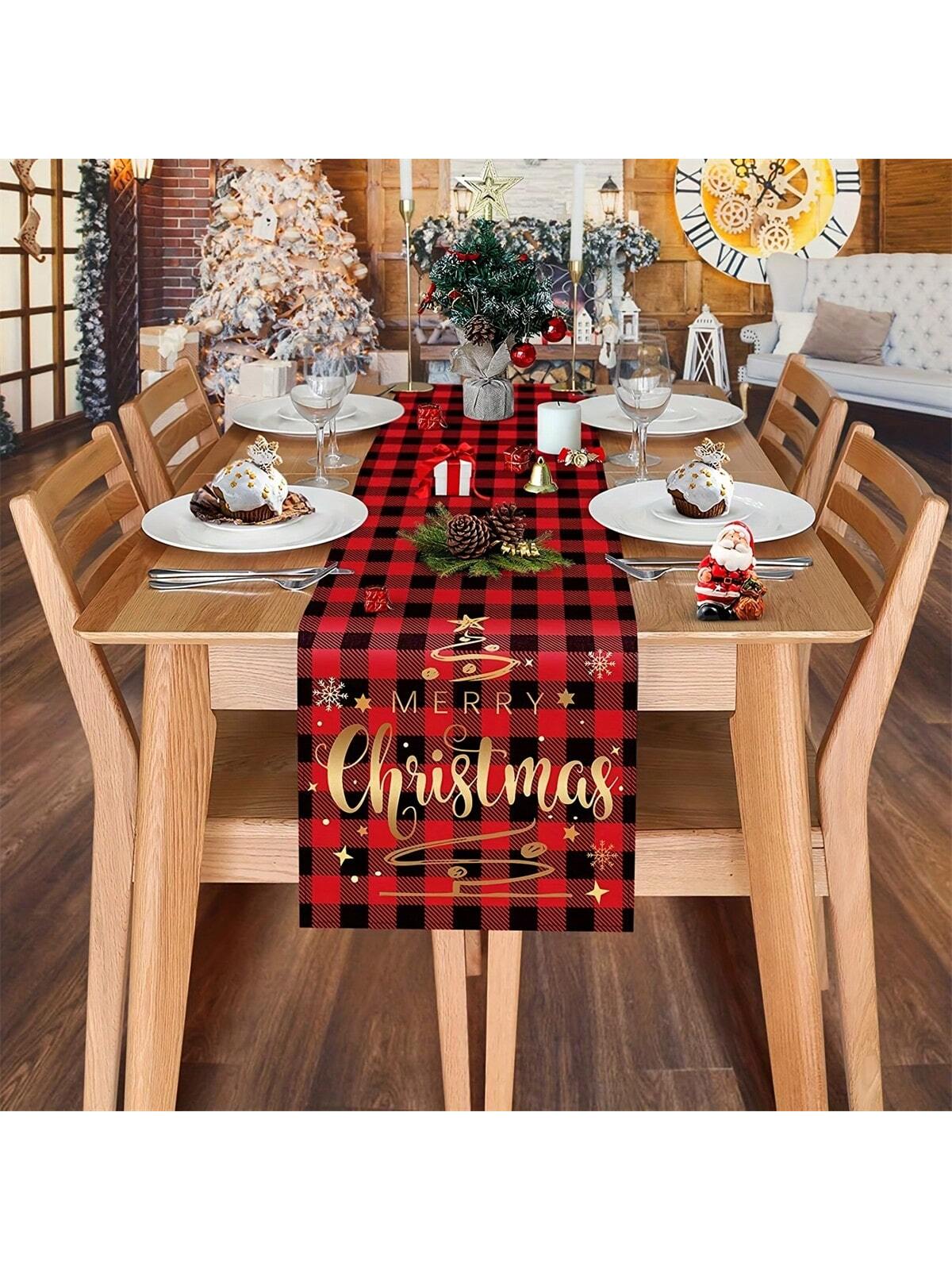 قطعة واحدة من مفرش طاولة عيد الميلاد المجيد - مربعات الجاموس الأحمر والأسود منقوشة،
