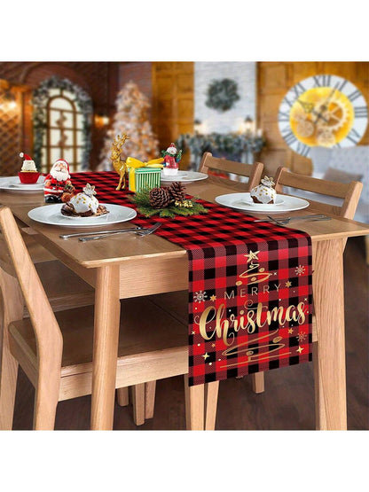 قطعة واحدة من مفرش طاولة عيد الميلاد المجيد - مربعات الجاموس الأحمر والأسود منقوشة،