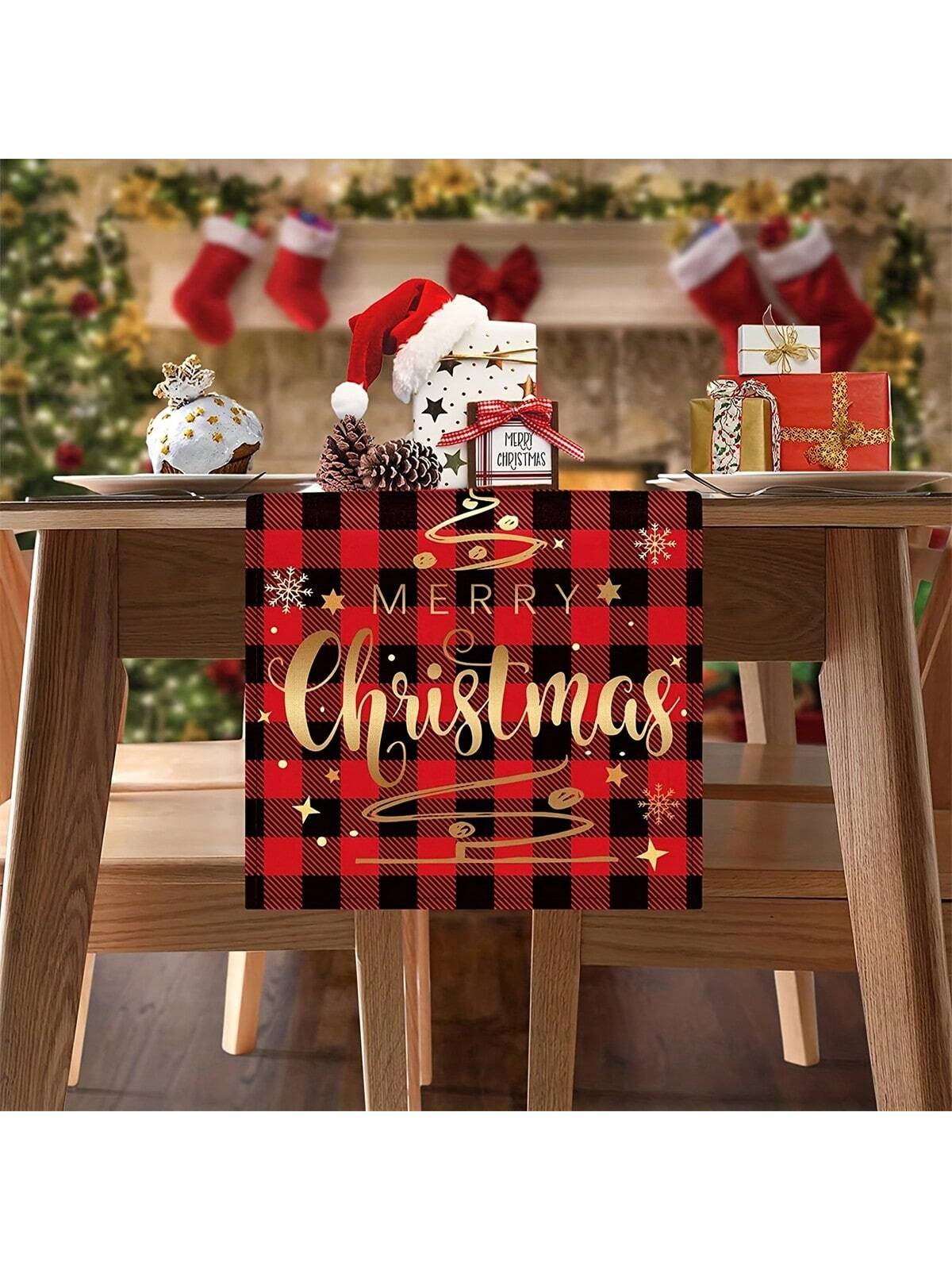 قطعة واحدة من مفرش طاولة عيد الميلاد المجيد - مربعات الجاموس الأحمر والأسود منقوشة،