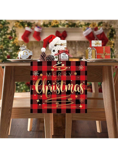 قطعة واحدة من مفرش طاولة عيد الميلاد المجيد - مربعات الجاموس الأحمر والأسود منقوشة،