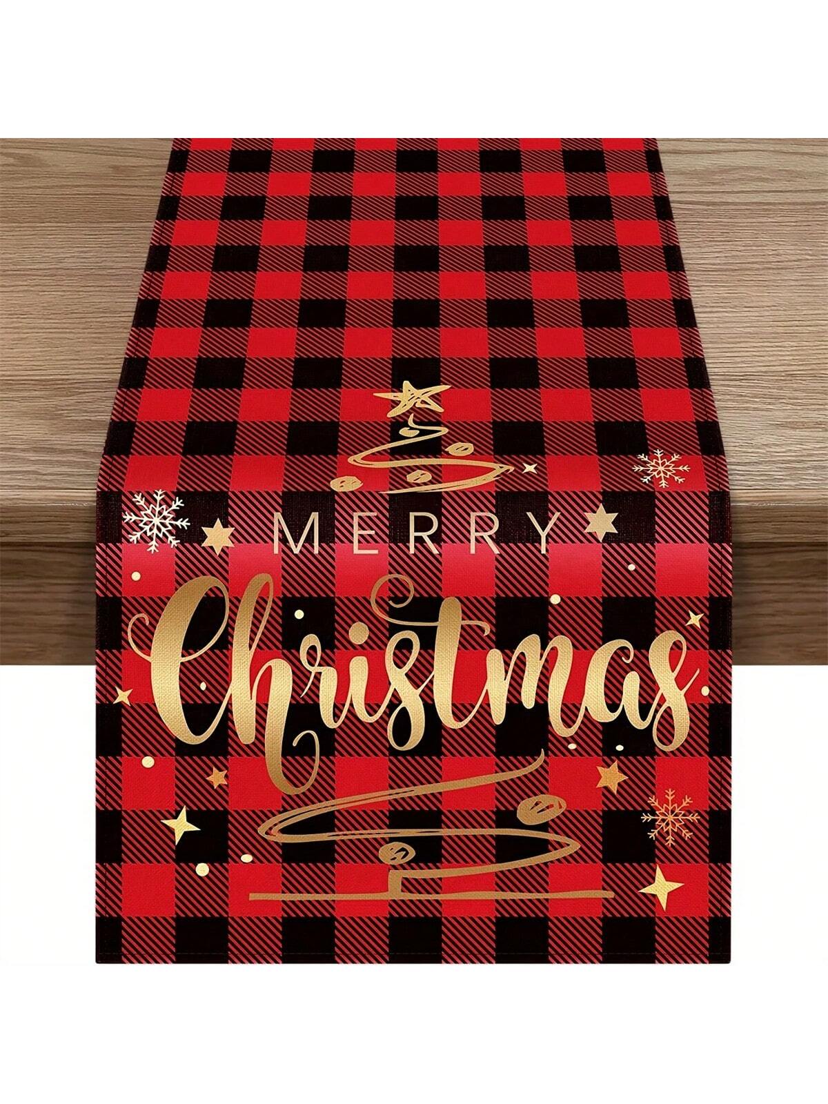 قطعة واحدة من مفرش طاولة عيد الميلاد المجيد - مربعات الجاموس الأحمر والأسود منقوشة،