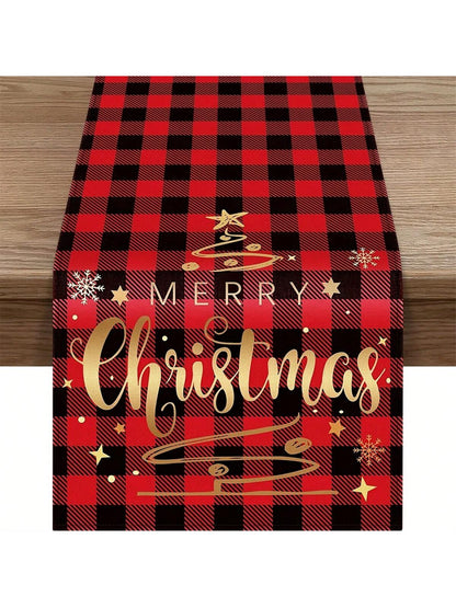 قطعة واحدة من مفرش طاولة عيد الميلاد المجيد - مربعات الجاموس الأحمر والأسود منقوشة،