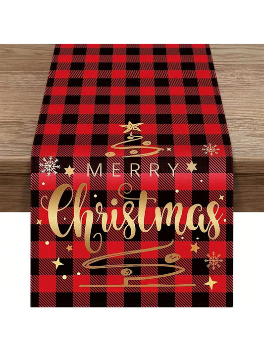 قطعة واحدة من مفرش طاولة عيد الميلاد المجيد - مربعات الجاموس الأحمر والأسود منقوشة،