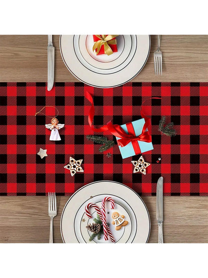 قطعة واحدة من مفرش طاولة عيد الميلاد المجيد - مربعات الجاموس الأحمر والأسود منقوشة،
