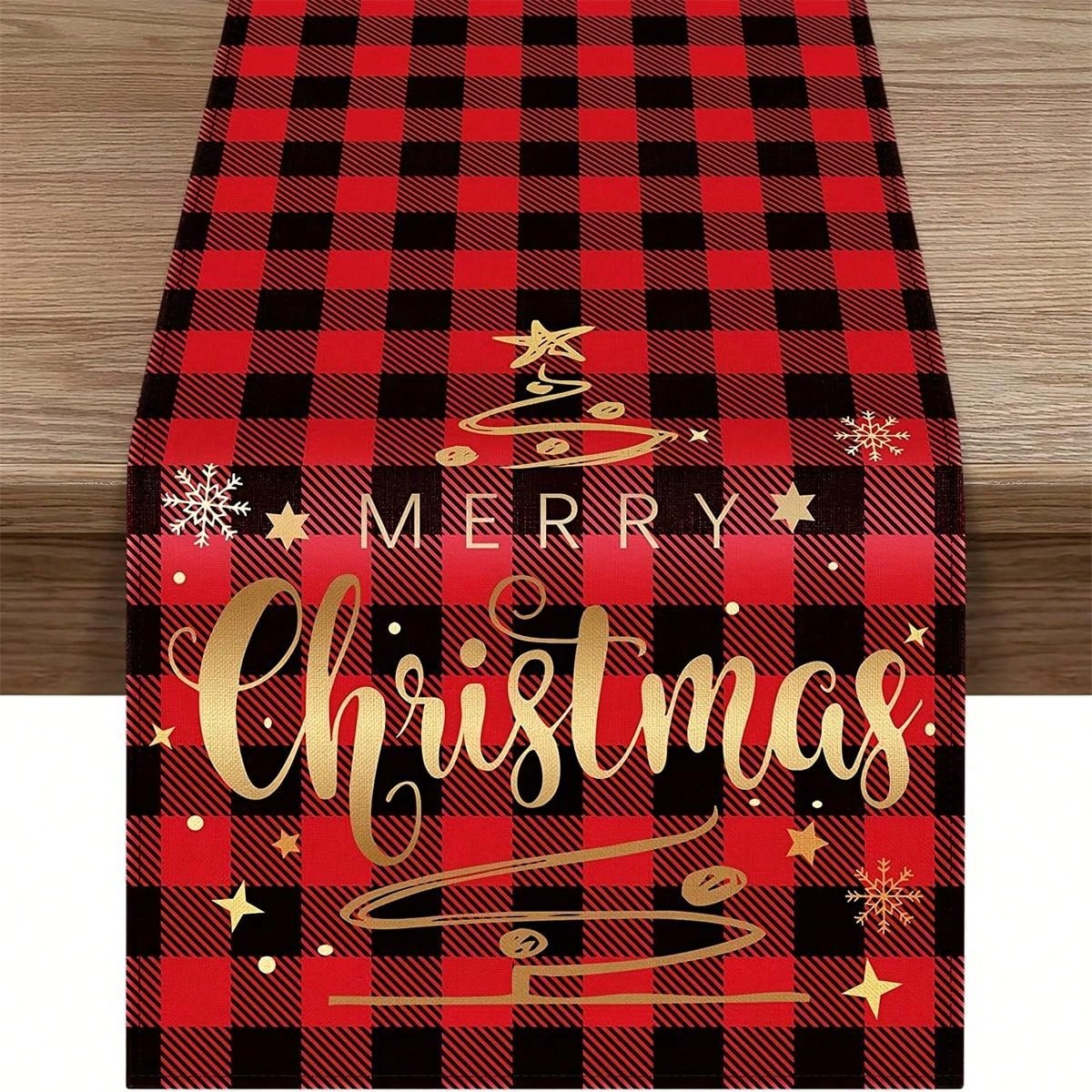 قطعة واحدة من مفرش طاولة عيد الميلاد المجيد - مربعات الجاموس الأحمر والأسود منقوشة،
