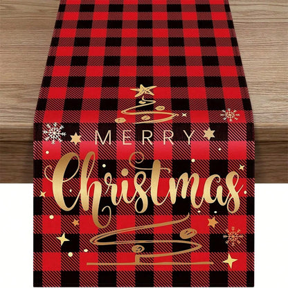 قطعة واحدة من مفرش طاولة عيد الميلاد المجيد - مربعات الجاموس الأحمر والأسود منقوشة،