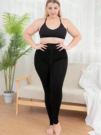 زوج جوارب محبوك تحتي بحجم كبير مبطن حراري بالسواد لسيدات