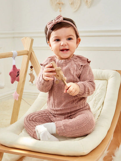 تي شيرت وبنطلون مقلم بكشكش مع عقال الرأس للبنات الاطفال