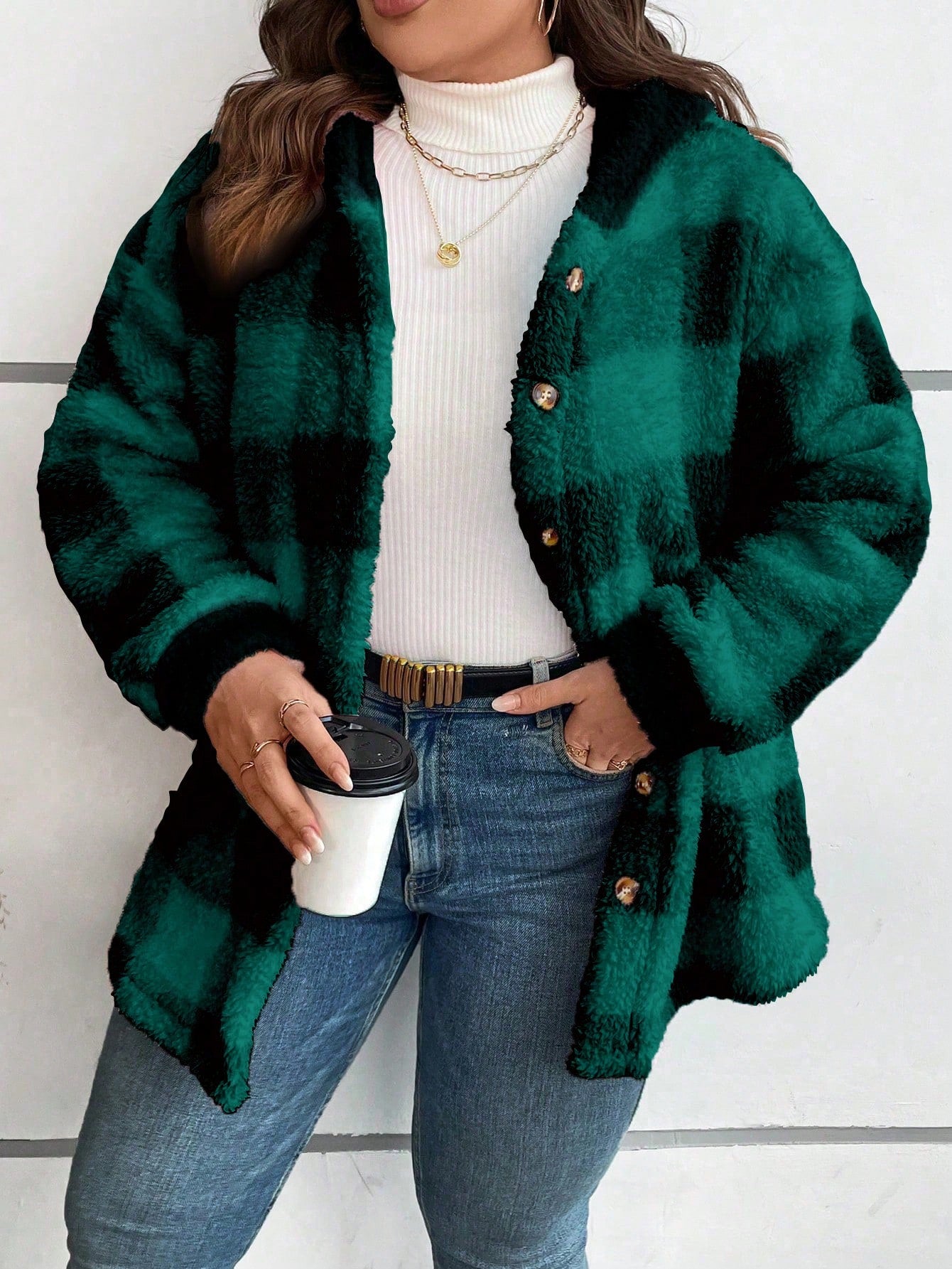 بالإضافة إلى الجاموس منقوشة نمط انخفاض الكتف مقنعين معطف الفانيلا الحرارية