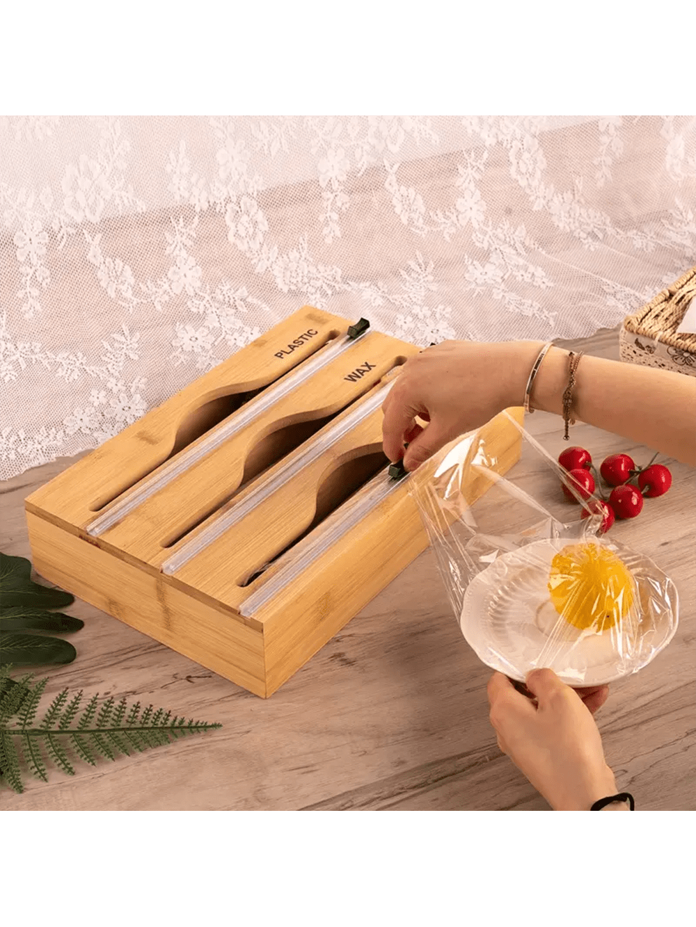 موزع أغلفة بلاستيكية من الخيزران ، رقائق الألومنيوم وصندوق تخزين أغلفة بلاستيكية