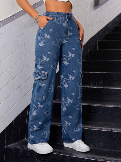 جينز جاكار بتصميم الفراشة وجيوب