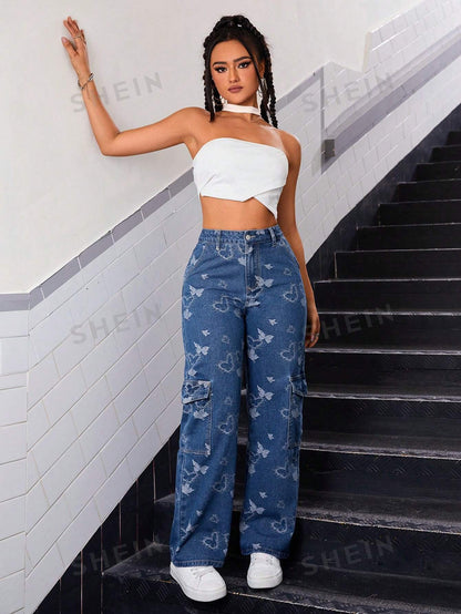 جينز جاكار بتصميم الفراشة وجيوب