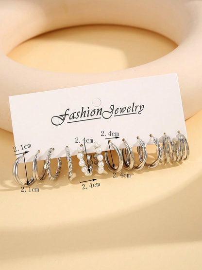 مجموعة 12 قطعة من الأقراط الهندسية البسيطة المصنوعة من اللؤلؤ الصناعي والمعدن للنساء، هدية للأعياد والمواعيد العاطفية والإرتداء اليومي