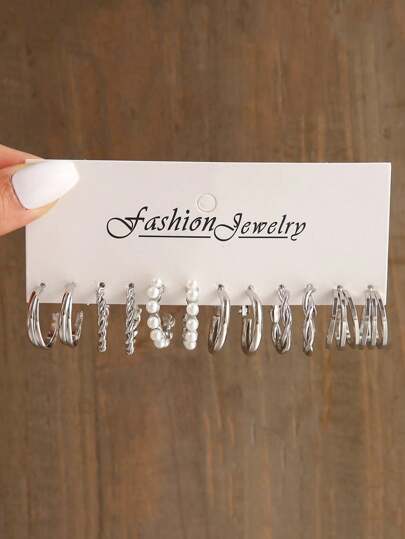 مجموعة 12 قطعة من الأقراط الهندسية البسيطة المصنوعة من اللؤلؤ الصناعي والمعدن للنساء، هدية للأعياد والمواعيد العاطفية والإرتداء اليومي