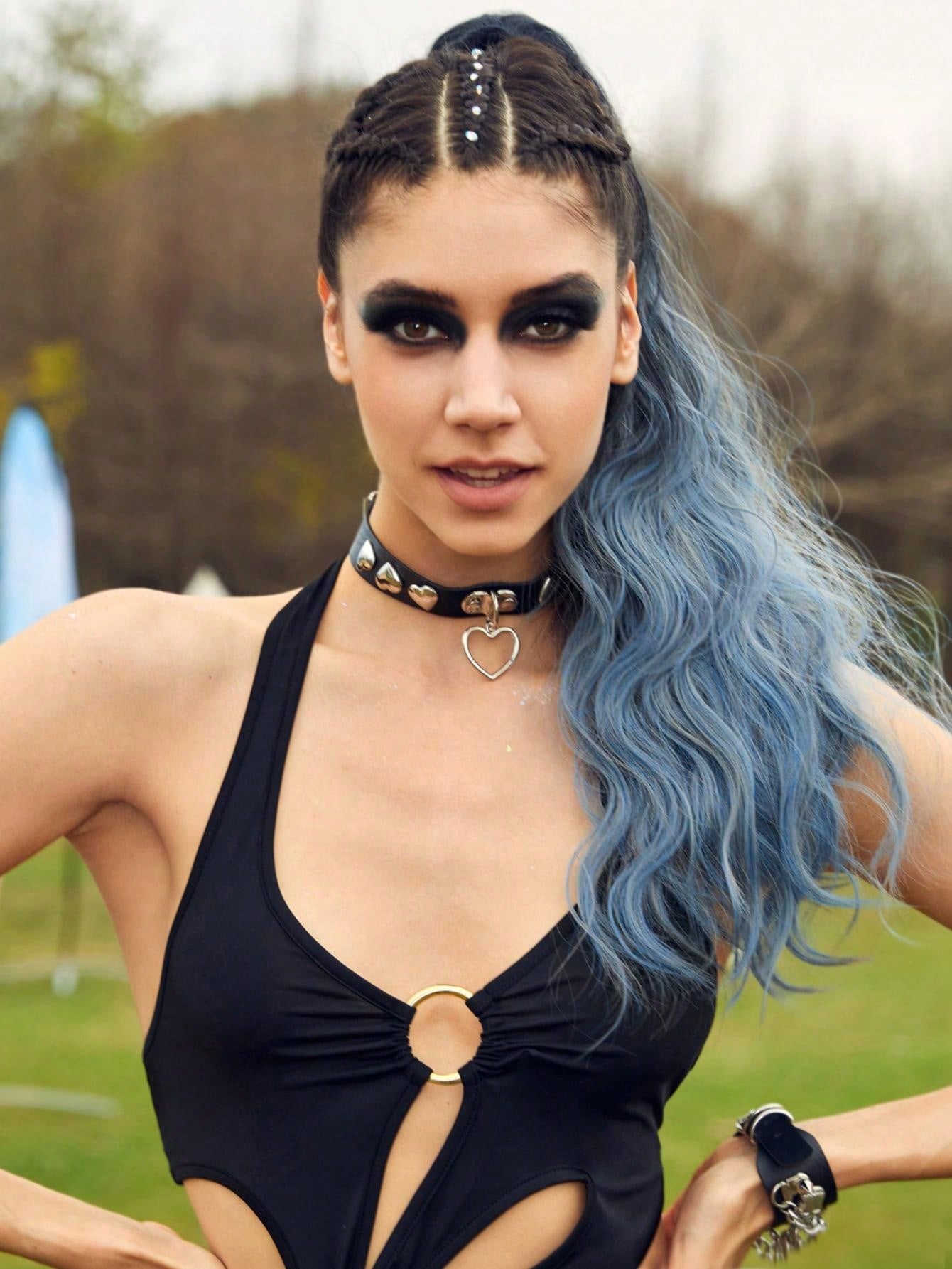 إطالة شعر نمط ذيل حصان مجعد طويل بلونين باروكة