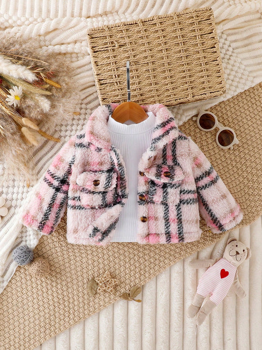 معطف طباعة مربع النقش جيب قلاب الصوف القطبي بدون كنزة صوف للاولاد الاطفال