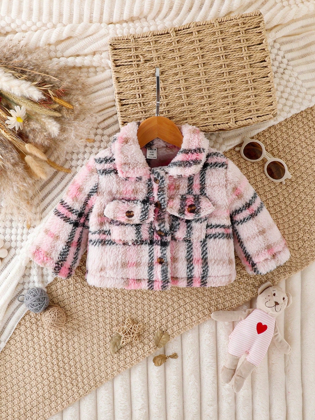 معطف طباعة مربع النقش جيب قلاب الصوف القطبي بدون كنزة صوف للاولاد الاطفال